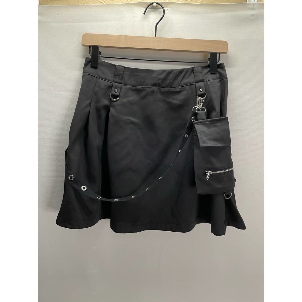 Women High Waist Gothic Punk Stree Style Belt Pleated A-line Skirt Small